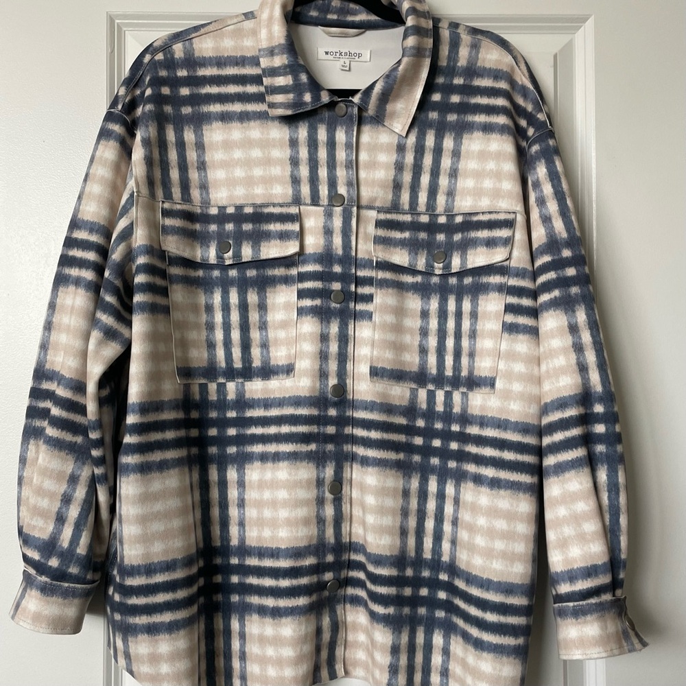 WORKSHOP Blue Beige Plaid Suede Button Up Shirt